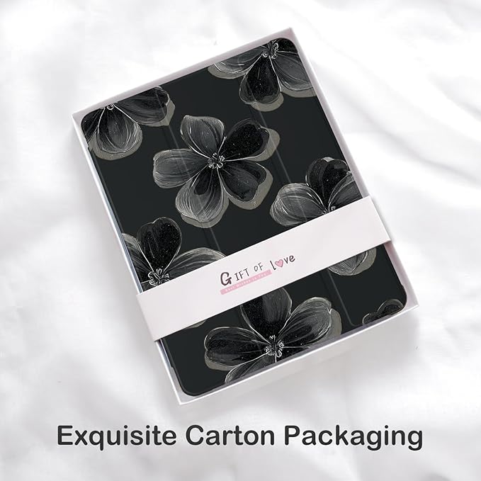 Cute Flower Floral for iPad 5th/6th Generation Case with Pencil Holder Auto Sleep/Wake Black Leather Soft TPU Back Cover for iPad 9.7 Inch