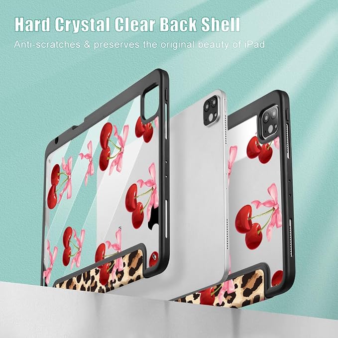 May Chen for iPad Pro 11 inch M2 4th Generation 2022 iPad Pro 11 3rd/2nd/1st Gen Built-in Pencil Holder with Shockproof Cover Clear Transparent Back Shell Auto Wake/Sleep Cherry &amp Cheetah