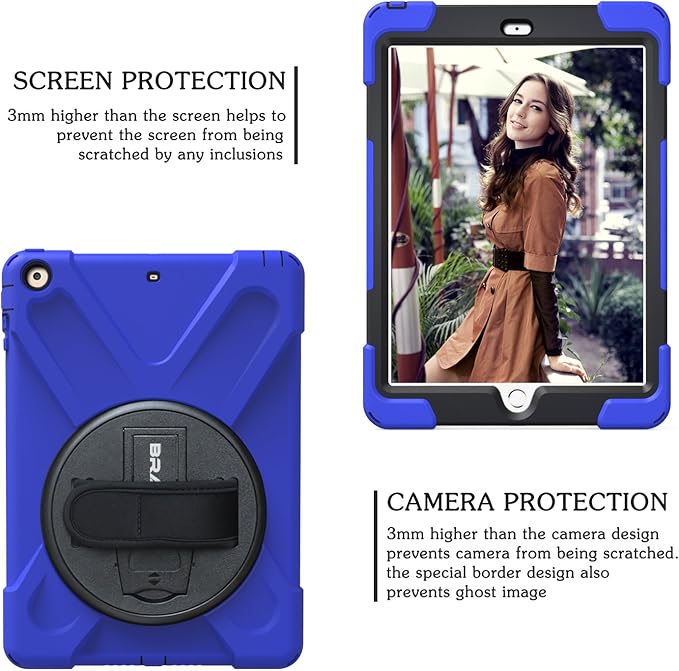 BRAECN for iPad Air Case iPad Air 9.7 Shockproof Case [Heavy Duty Full-Body Cover] with 360 Degree Swivel Kickstand/Hand Strap/Adjustable Shoulder Strap for Apple iPad Air 2013 -Blue