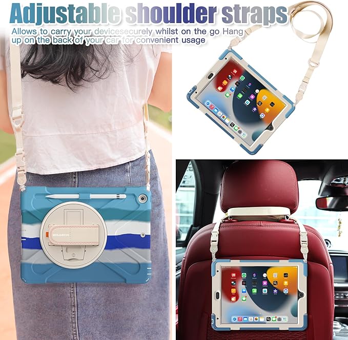 BRAECNstock for Apple iPad 9th/ 8th/7th Generation Case 10.2 2021/2020/ 2019 Shockproof Protective Case with Screen Protector Pencil Holder 360° Rotating Hand Strap + Stand Colorful Blue