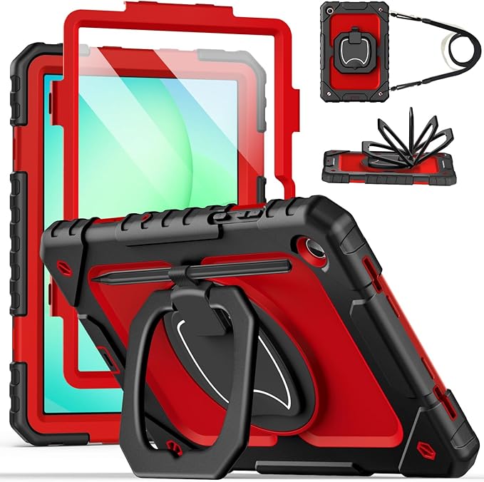 Cantis Case for Samsung Galaxy Tab A11 Plus 11 Inch 2026 (SM-X230/X236/X238) Shockproof Case for Tab A11+ with Screen Protector/Rotating Stand/Pen Holder/Shoulder Strap Black+Red