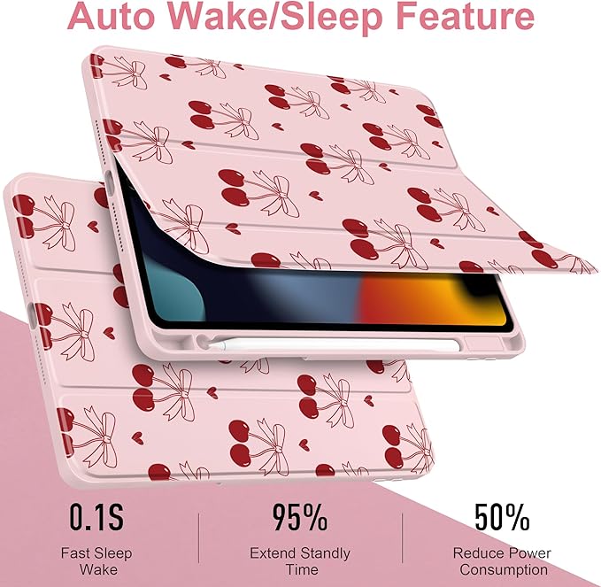 DONGKE for iPad 9th/8th/7th Generation Case 10.2 Inch (2021/2020/2019) [Auto Sleep/Wake &amp Pencil Holder] Clear Acrylic Back Trifold Stand Cover Cherry &amp Heart