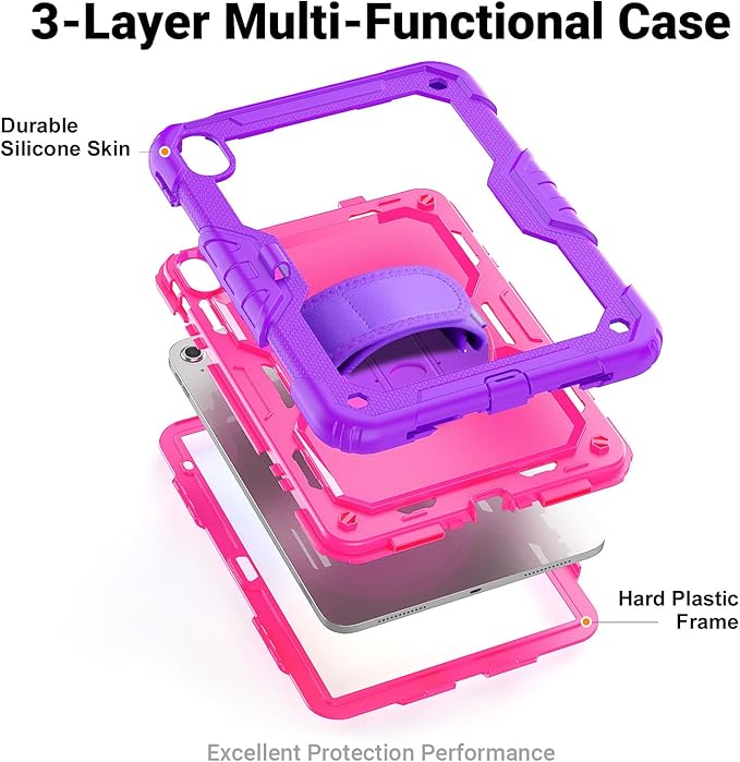 Kids Case for iPad (A16) 11th/10th Generation 11''/10.9'' 2025/2022: Shockproof Protective Case with Hand/Shoulder Strap Pencil Holder Rotate Stand Screen Protector