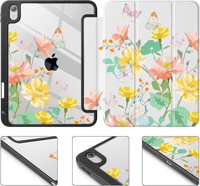 May Chen Case for iPad Air 13 Inch M4 2026 M3 2025 M2 2024 [Built-in Pencil Holder] Shockproof Cover with Clear Transparent Back Shell Auto Sleep/Wake Cover Butterfly Garden
