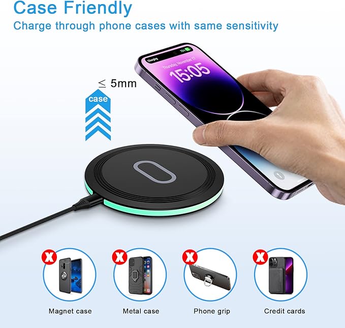 15W Wireless Charging Pad for iPhone 15 Pro Max 15 Pro 14 13 12 11 8Google Pixel 8 Pro 8 7a 7 Pro 6Fast Wireless Charger Station for Samsung S23 Ultra S23 S22 S21 S20 S10 S9 S8 S7Z Fold 5Z Flip 5