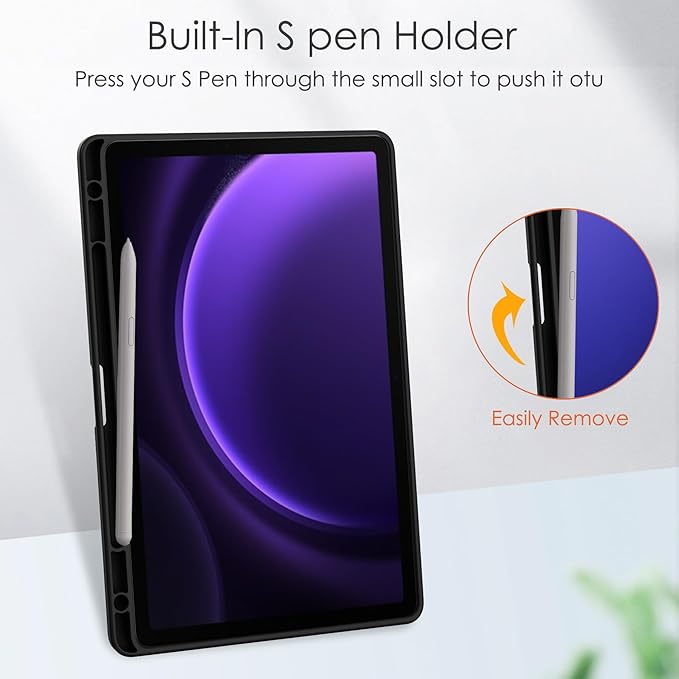 for Samsung Galaxy Tab S10 Lite/ S10 FE/ S9 FE 10.9 Inch Tri-Fold Smart Tablet Case with Pen Holder Shockproof Protective Cover W Transparent Back Shell Auto Wake/SleepBlack