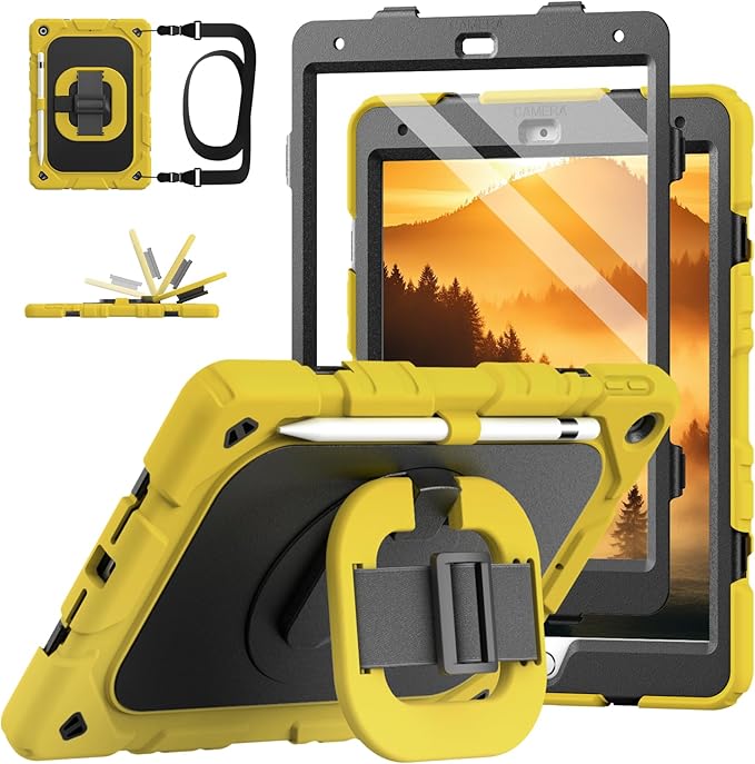 Grifobes for iPad 9th/8th/7th Generation Case for iPad 10.2 Inch 2021/2020/2019 Case Cover with Screen Protector 360°Rotate Stand Hand &amp Shoulder Strap Pencil Holder for Kids Yellow Black