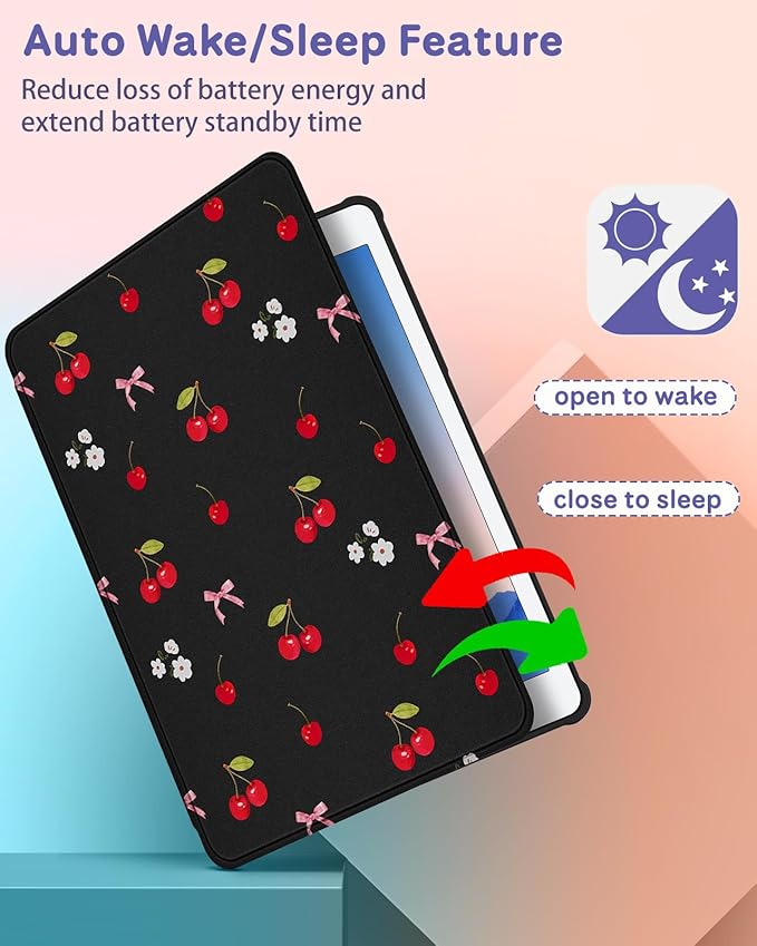 for iPad 5th/6th Generation Case for iPad Air 1st/Air 2nd/Pro 9.7 inch 2016 Case - 360 Rotating Stand Folio Smart Cover with Pencil Holder for Women Girl Cherry Bow Flowers for Apple Tablet