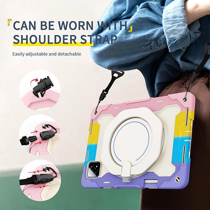 Tablet Silicone Case for Xiaomi Pad 6S Pro 12.4Shockproof Case with Pencil HolderShoulder StrapRotating Large Ring Hanging Kickstand for Kids