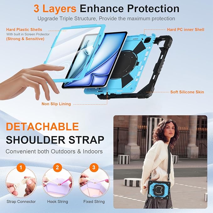 Case for iPad Air 13 Inch Case M4 2026/M3 2025/ M2 2024 Auorld for iPad Air 13 Inch Case M4 2026 Case with Screen Protector 360 Degree Rotating Stand Shoulder Strap Pencil Holder Black Blue