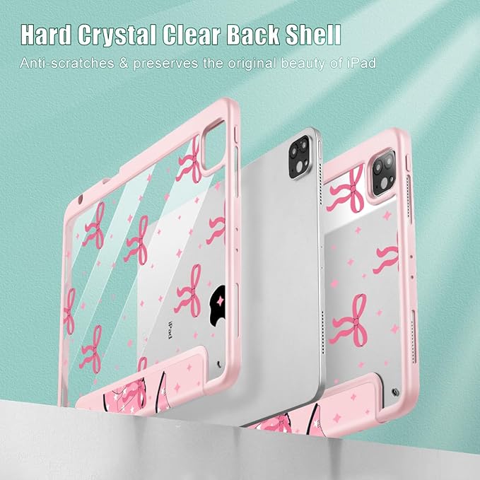 May Chen for iPad Pro 11 inch M2 4th Generation 2022 iPad Pro 11 3rd/2nd/1st Gen Built-in Pencil Holder with Shockproof Cover Clear Transparent Back Shell Auto Wake/Sleep Pink Boots Bows