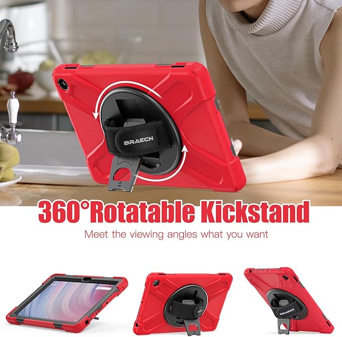 BRAECNstock for Amazon Fire HD 10 Tablet Case 13th Gen 2023 10.1 Shockproof Rugged Kindle Fire HD 10 Kids Tablet Cover with Screen Protector Rotating Hand Strap+Stand Shoulder Strap Pen Holder - Red