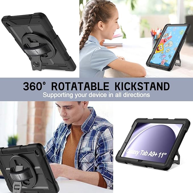 AVAWO Case for Samsung Galaxy A9+ Plus 11 inch 2023 with 360° Swivel Handle Strap Cover with Lanyard Black