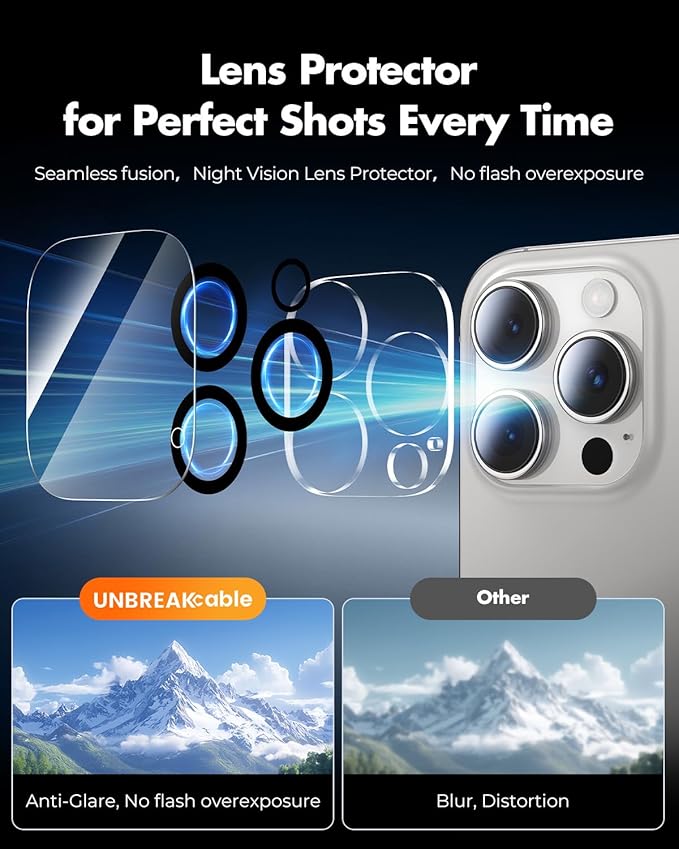 UNBREAKcable for iPhone 15 Pro Screen Protector 4+2 Pack [9H+ Military-Grade Shatterproof] [Effortless Bubble-Free Installation] Ultra HD Clarity Tempered Glass with Lens Protector Case friendly