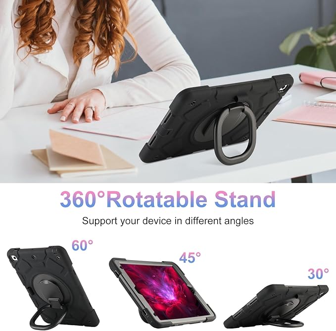 for iPad 9th/8th/7th Generation Case(2021/2020/2019)360°Rotating Handle Stand with[ Pencil Holder&ampShoulder Strap] Heavy Duty Shockproof Kids Cover for iPad 10.2 inch (Black)