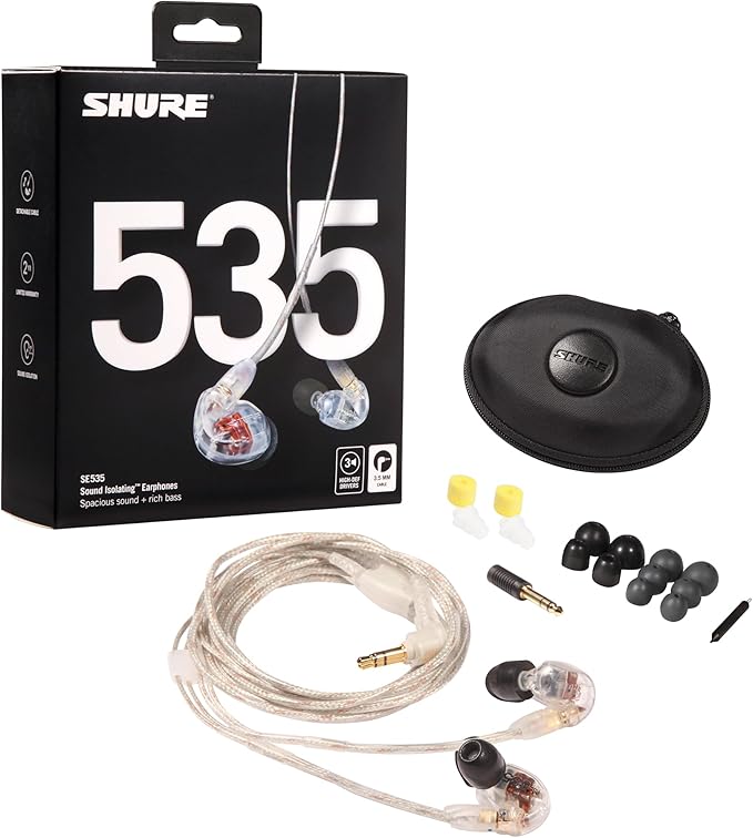 Shure SE535-CL Professional Sound Isolating Earphones High Definition Sound + Natural Bass Three Drivers in-Ear Fit Detachable Cable Durable Quality - Clear