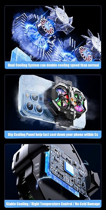 Mobile Phone Cooler with RGB Backlight and Temp Display Cellphone Cooling Fan with Dual Semi-Conductor Cooling Chip Compatible for iPhones/Android Phone Width from 6 to 8 cm