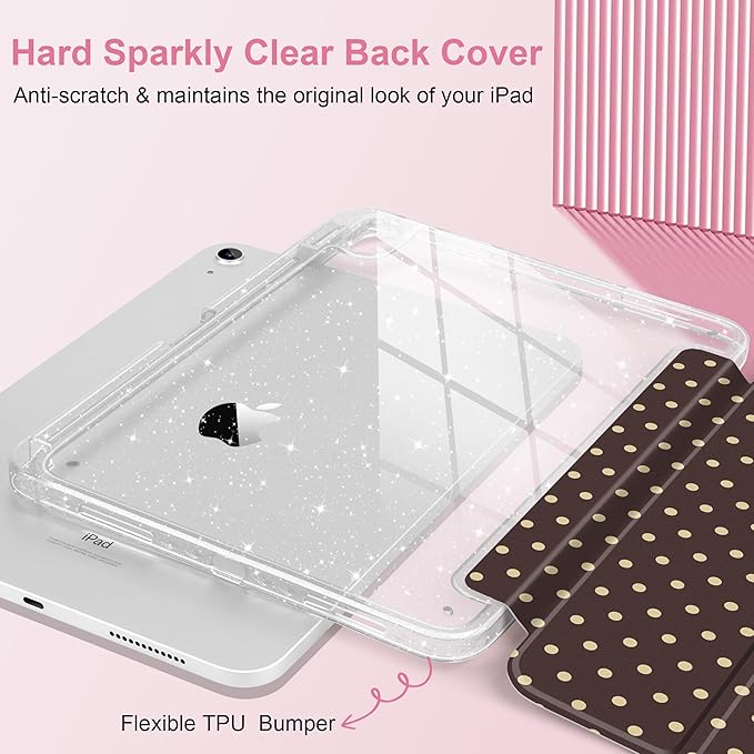 DONGKE for iPad Case 9th/8th/7th Generation 10.2 Inch (2021/2020/2019) Shockproof Glitter Acrylic Back with Trifold Stand Pencil Holder &amp Auto Sleep/Wake - Brown Polka Dot