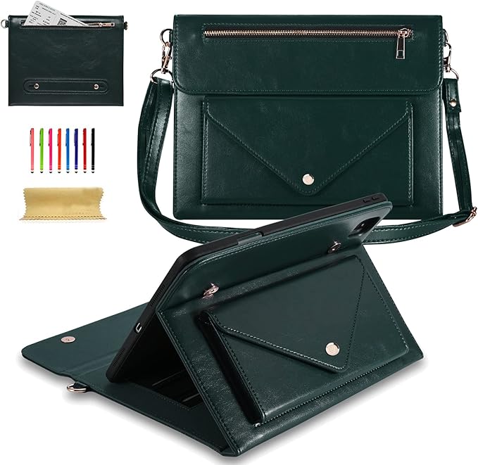 Dteck Case for iPad Air 13 (M2) 2024/iPad Pro 12.9 inch 6th/5th/4th/3rd GenerationPremium PU Leather Folio Stand Cover Pencil Holder Zipper Pocket Strap Shockproof Protective Business CaseGreen