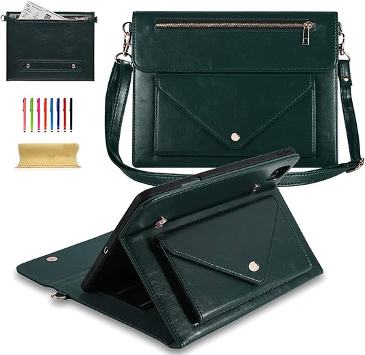 Dteck Case for iPad Air 13 (M2) 2024/iPad Pro 12.9 inch 6th/5th/4th/3rd GenerationPremium PU Leather Folio Stand Cover Pencil Holder Zipper Pocket Strap Shockproof Protective Business CaseGreen