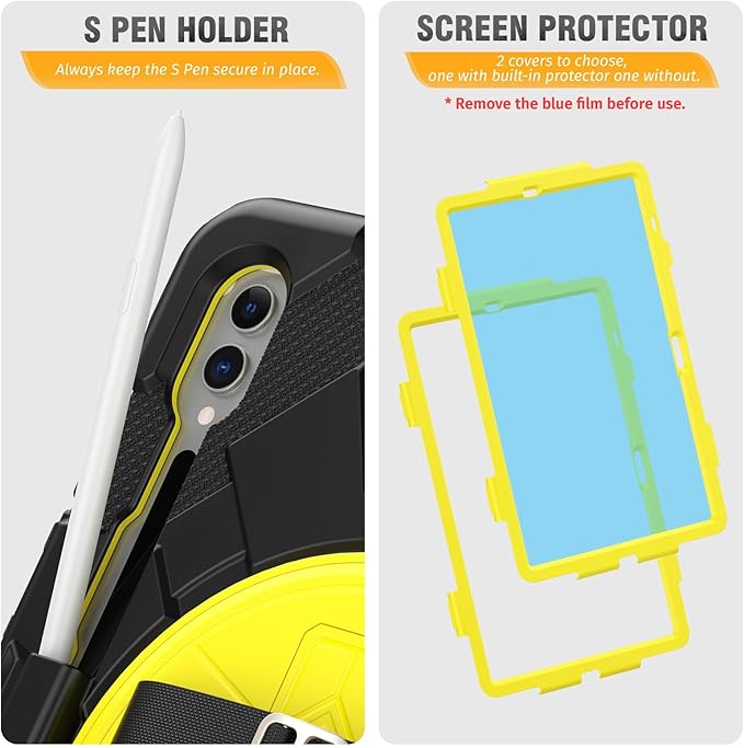 HXCASEAC Case for Samsung Galaxy Tab S10+ Plus / S9 Fe+ / S9+ 5G 12.4 inch Protective with Screen Protector/S Pen Holder/ 360 Rotating Stand Hand Strap - Yellow