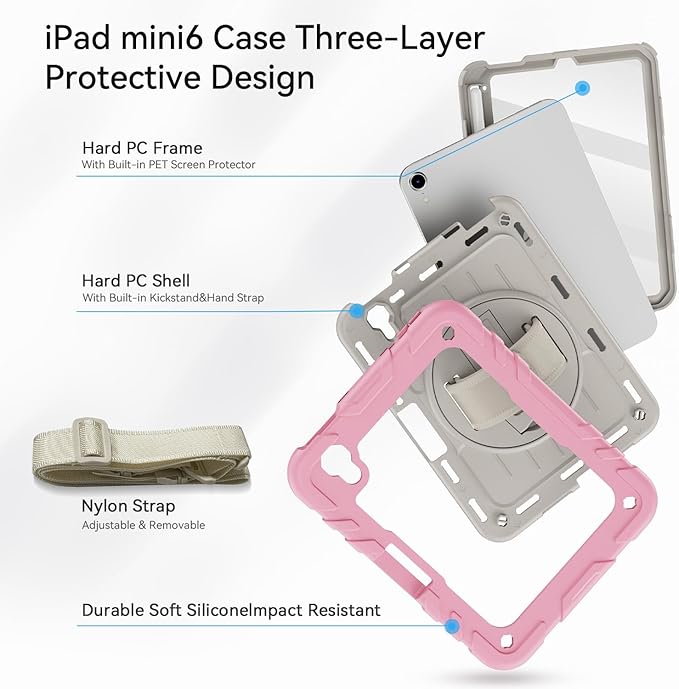 for iPad mini 7 A17 Pro/iPad mini 6 8.3 Inch Case iPad mini 7th/6th Generation Case (2024/2021) with Pencil Holder/Kickstand Hand Strap/Shoulder StrapPink&ampBeige