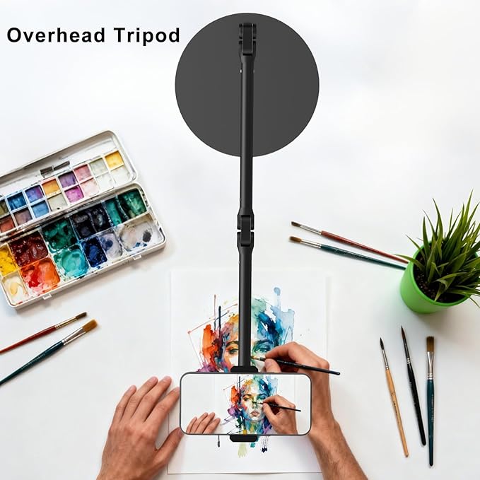 Overhead Phone Mount for Desk 17 Long Arm Adjustable iPhone Holder Heavy Duty Rotatable Stand for Video Recording Live Streaming Crafting Cooking