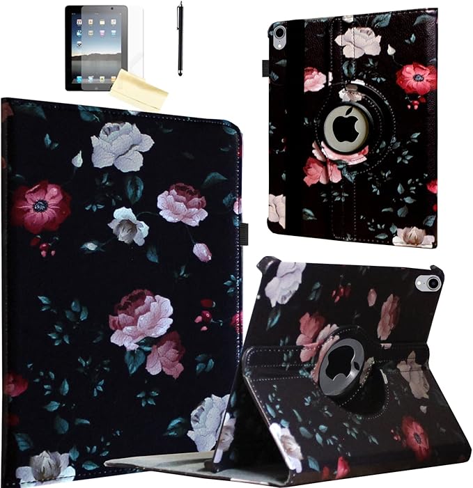 Case for iPad A16 11-inch (11th Gen 2025) for 2022 iPad 10th Generation 10.9 inch Rotating Stand Smart Magnetic Cover for Model A3354 A3355 A3356 A2696 A2757 A2777 (Black Flower)