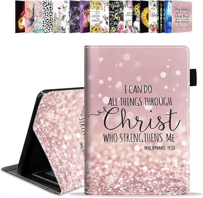 Case for Amazon Kindle Fire 7 Tablet (7 Display 9th/7th Generation 2019/2017 Release) - PU Leather Folio Case with Smart Auto Wake/Sleep Glitter Quote Bible Verse Philippians 4:13