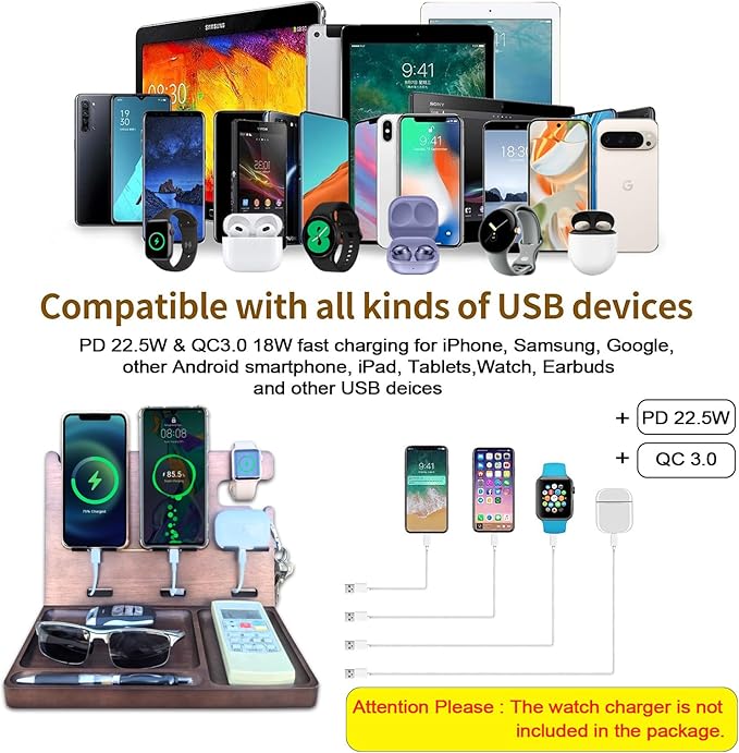 Wood Phone Docking Station Nightstand Organizer Charging Station with QC 3.0 &amp PD22.5W USB C Charger Fast Charging for iPhone Samsung Android Watch Airpod Anniversary Birthday Gifts for Men
