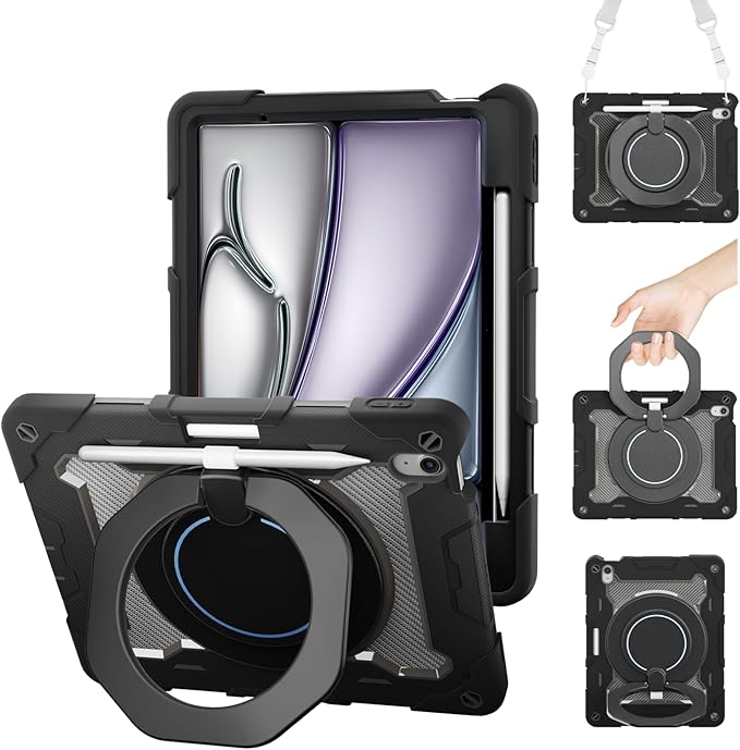ACEMO for iPad Air 13 inch Case M3 2025 &amp iPad Air 13 inch Case M2 2024 with Pencil Holder 360° Rotating Kickstand Handle Shoulder Strap for Kids Girls Heavy Duty Protective Cover Black