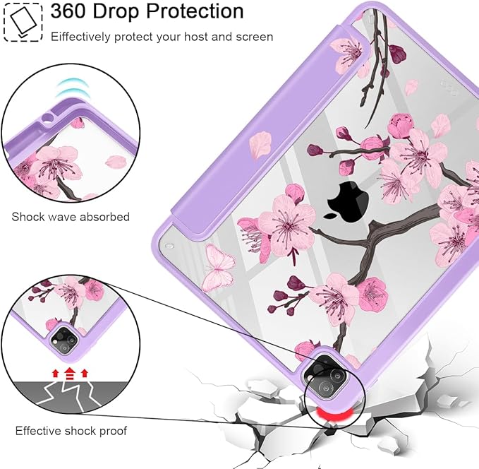 May Chen for iPad Pro 11 inch M2 4th Generation 2022 iPad Pro 11 3rd/2nd/1st Gen Case with Transparent Shockproof Back Cover [Built-in Pencil Holder Auto Sleep/Wake Pink Cherry Blossom