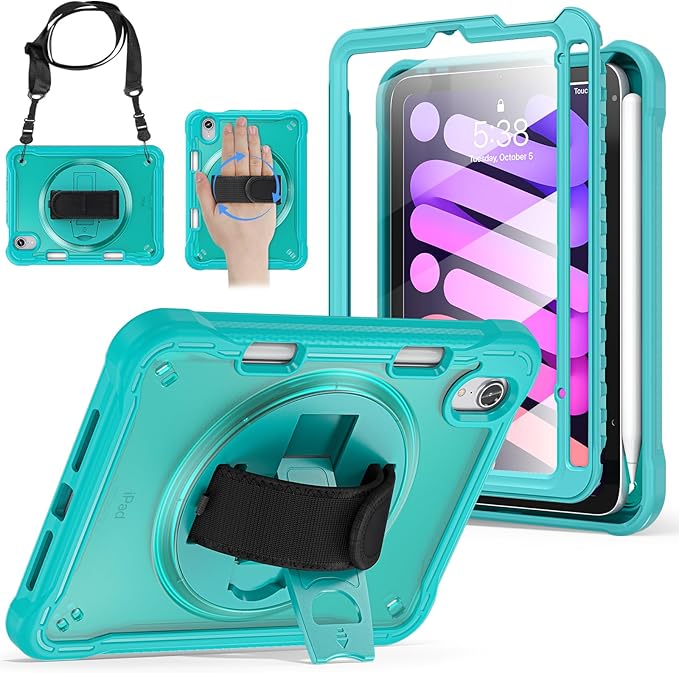 BRAECNstock Case for iPad mini 7 (A17 pro) 2024 &amp Mini 6 2021 8.3-inchShockproof Protective Cover with Pencil HolderScreen Protector360° Rotating Hand Strap/Stand-Light Blue