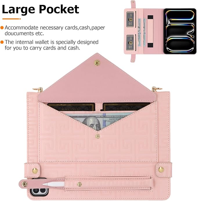 Dteck for iPad Air 13 2024 &amp iPad Pro 12.9 CaseLabyrinth Pattern PU Leather Kickstand Case with Pencil Holder Shoulder Hand Strap Card Pocket Shockproof Protective Magnetic Wallet CasePink