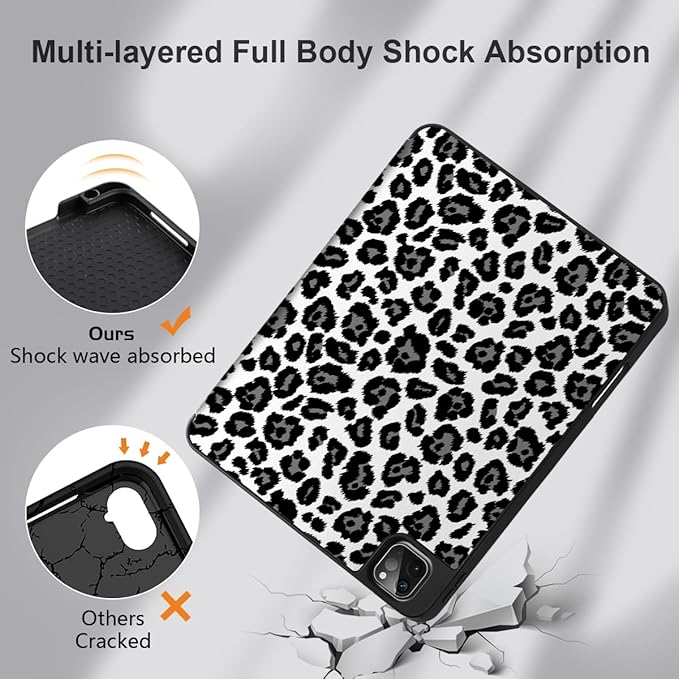 MEEgoodo for iPad Pro 12.9 Case M2 6th/5th/4th/3rd Generation 2022 2021 2020 2018 with Pencil Holder Tablet Cover with Soft TPU Back Shell Snow Leopard Texture