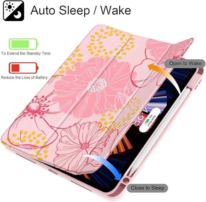May Chen Case for iPad Pro 11-Inch M5/M4 2025/2024 (6th/5th Generation) Clear Transparent Print Back Shell Slim Stand Shockproof Tablet Cover Auto Wake/Sleep Pink Flowers