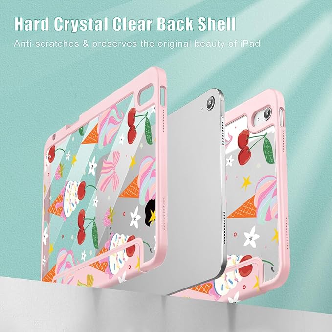 Case for iPad 11 inch A16 2025 Generation 11th / iPad 10.9 inch 2022 10th Gen Buit in Pencil Holder with Shockproof Cover Clear Transparent Back Shell Auto Wake/Sleep Ice Cream-Bows-Pink