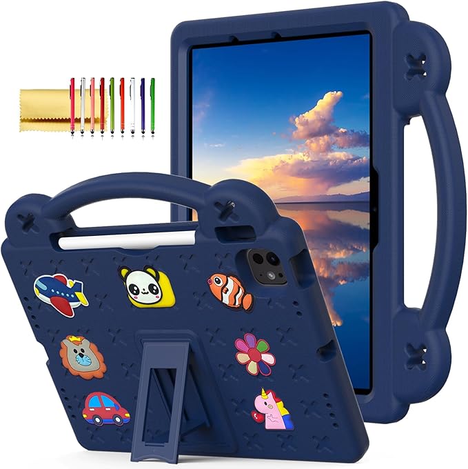 Dteck iPad Air 13/Pro 13 2024 M4/Pro 12.9 6th/5th/4th/3rd Gen Case - Cartoon Panda Shockproof Rugged Lightweight Convertible Stand With Handles Kids Friendly Navy Blue