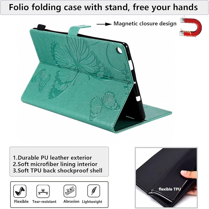 Kindle Fire HD 10 Tablet 2019/2017 Case 9th/7th Generation 10.1 with Pencil Holder Pockets [Auto Sleep/Wake] Folio Stand Embossed PU Leather Magnetic Smart Wallet Cover Green Butterfly