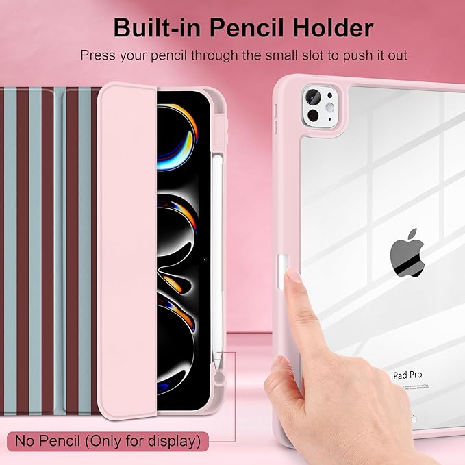 TWOLSKOO Case for iPad Pro 11-inch (M5 2025 / M4 2024) Clear Acrylic Back with TPU Bumper Pencil Holder Trifold Stand Auto Sleep/Wake Burgundy Stripes