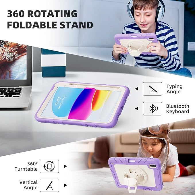 Case for iPad 10th Generation 10.9inch 2022with Built-in Screen Protector and KickstandHand StrapShoulder Strap for New Apple iPad 10.9 Inch(Purple/Beige)
