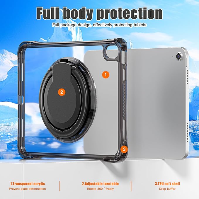 Mektron Shockproof Case for iPad Air 11 inch (M4 2026 8th /M3 2025 7th /M2 2024 6th) Compatible with iPad Air 10.9 (2022 5th Gen /2020 4th Gen) PC Clear Cases with Rotating Stand for Kids Black