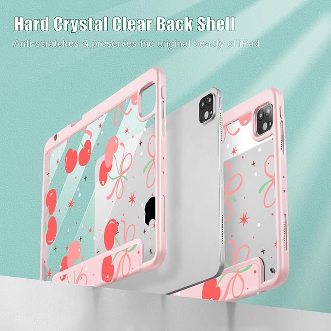 May Chen for iPad Pro 11 inch M2 4th Generation 2022 iPad Pro 11 3rd/2nd/1st Gen Built-in Pencil Holder with Shockproof Cover Clear Transparent Back Shell Auto Wake/Sleep Coquette Cherry