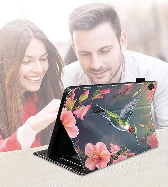 Case for Amazon Kindle Fire 7 Tablet (7 9th/7th Generation 2019/2017 Release) Slim PU Leather Cover with Card Slot &amp Auto Wake/Sleep Hummingbird Flowers