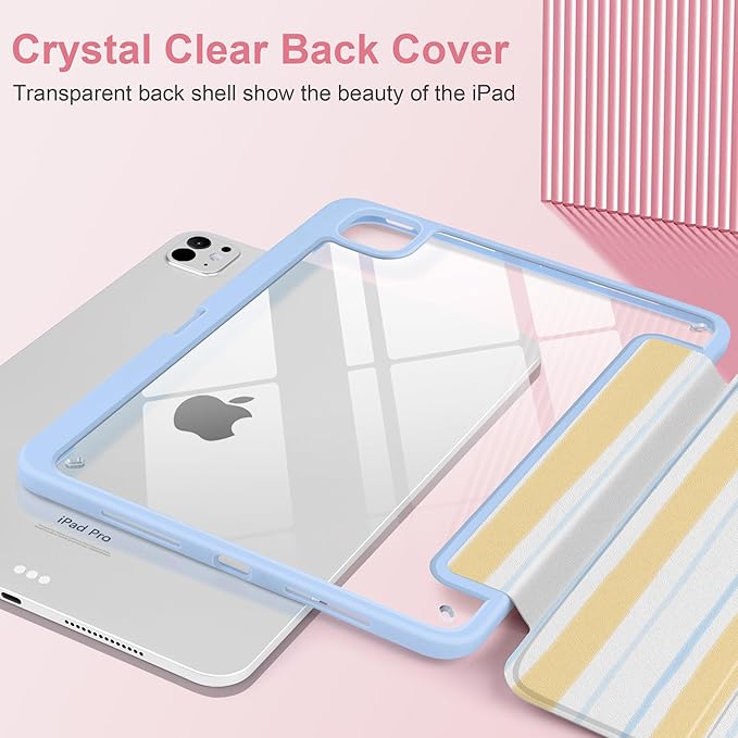 Case for iPad Pro 11 Inch (M5 2025 M4 2024) – [Built-in Pencil Holder] Shockproof &amp Stylish Clear Hard Back + Soft TPU Edge Magnetic Trifold Stand Auto Wake/Sleep Watercolor Stripes