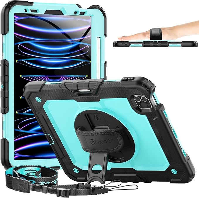 Timecity Case for iPad Pro 11 inch 2022/2021 (4th/ 3rd Generation) Shockproof with Screen Protector Swivel Stand Handle Shoulder Strap Pencil Holder Case for iPad Pro 11 Inch- Light Blue