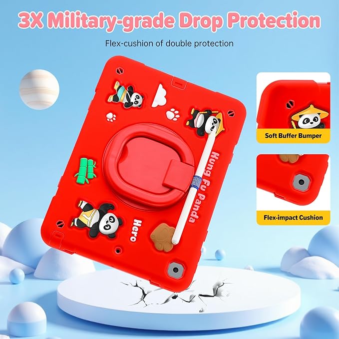 Case for iPad 9th/8th/7th Generation iPad 10.2 Inch 2021/2020/2019 Funny Cartoon Silicone 3D Panda Design Kids Case Heavy Duty Protection with Stand/Pencil Holder/Shoulder Strap