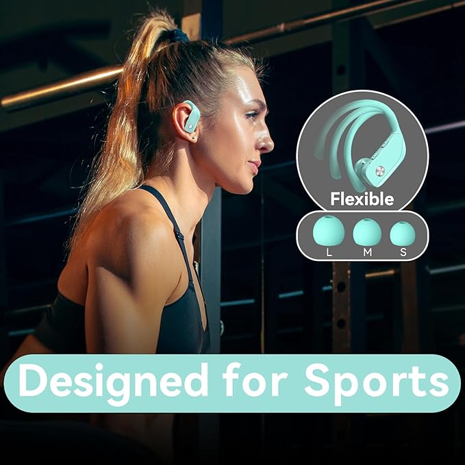 bmani Ear Buds Wireless Earbuds Bluetooth Headphones with 80H Playtime LED Display Case Over-Ear Hook with Mic Stereo Sound Easy Button Controls Sports Earphones for Running Workout Gym Mint Green
