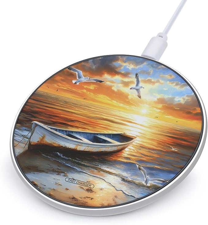 Sea and Boats Sunset Wireless Charger Anti-Slip Wireless Charging Pad Slim Charger Mat for Men Women
