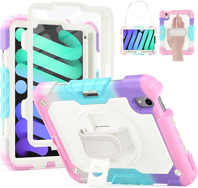 HXCASEAC Kids Case for iPad mini 7 (A17 Pro) iPad mini 6 Case Cute 8.3 inch Full Body Protective with Carrying Strap Hand Strap Stand Protector Pencil Holder A2995 A2993 A2567 A2568 Rainbow Pink